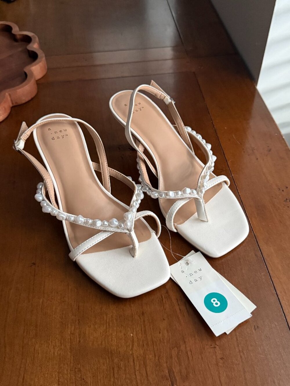 A New Day | White Pearl Embellished Slingback Sandal Kitten Heels, NWT | W8
